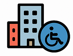 Häuser hinter einem Symbol, dass einen Rollstuhlfahrer zeigt.