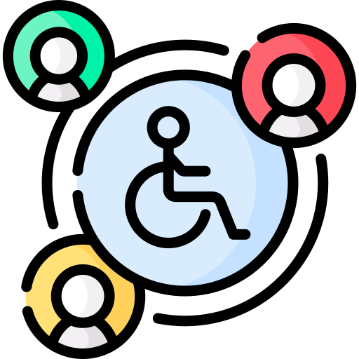 Das Symbol eines Rollstuhlfahrers, umgeben von Symbolen von Personen in unterschiedlichen Farben.